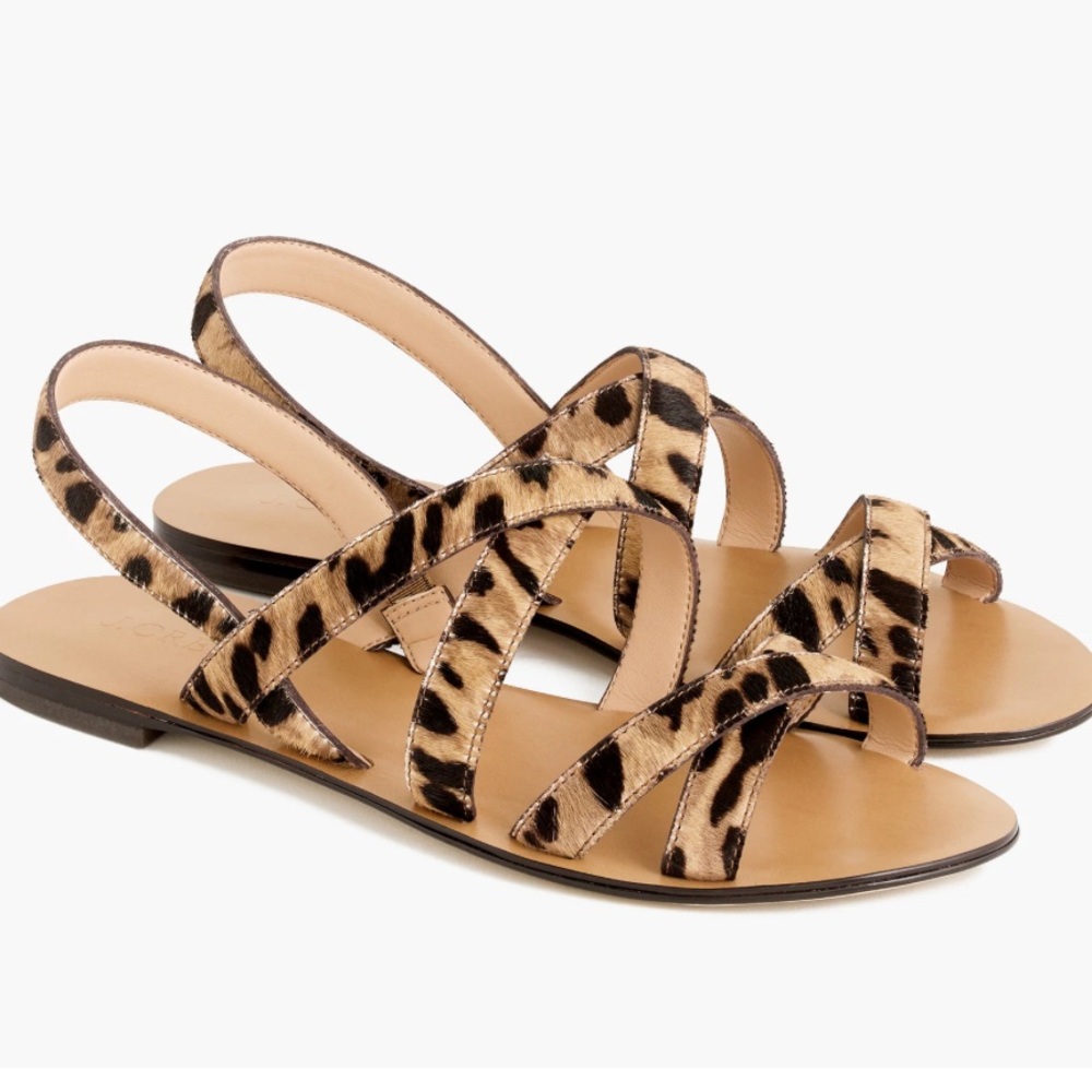 J Crew Collection Cross Strap Leopard Calf Hair Sandals Size 9